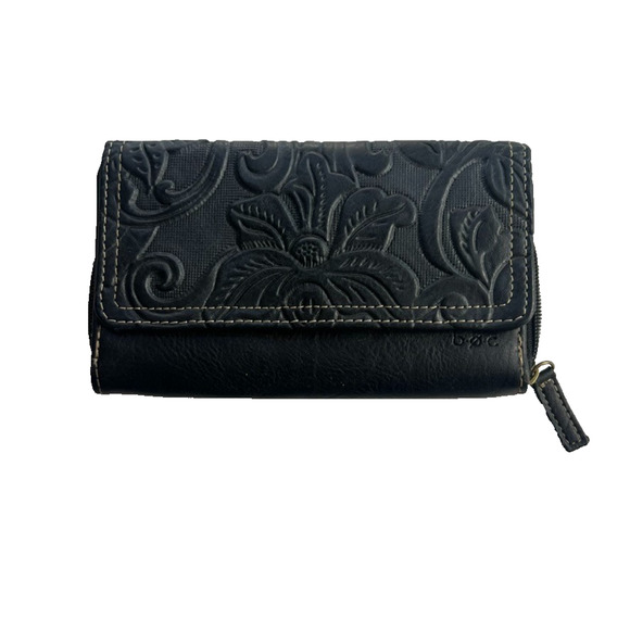 BOC Born Concept Wallet Clutch Womens Blue Tooled Leather Floral Multipockets - Picture 1 of 9
